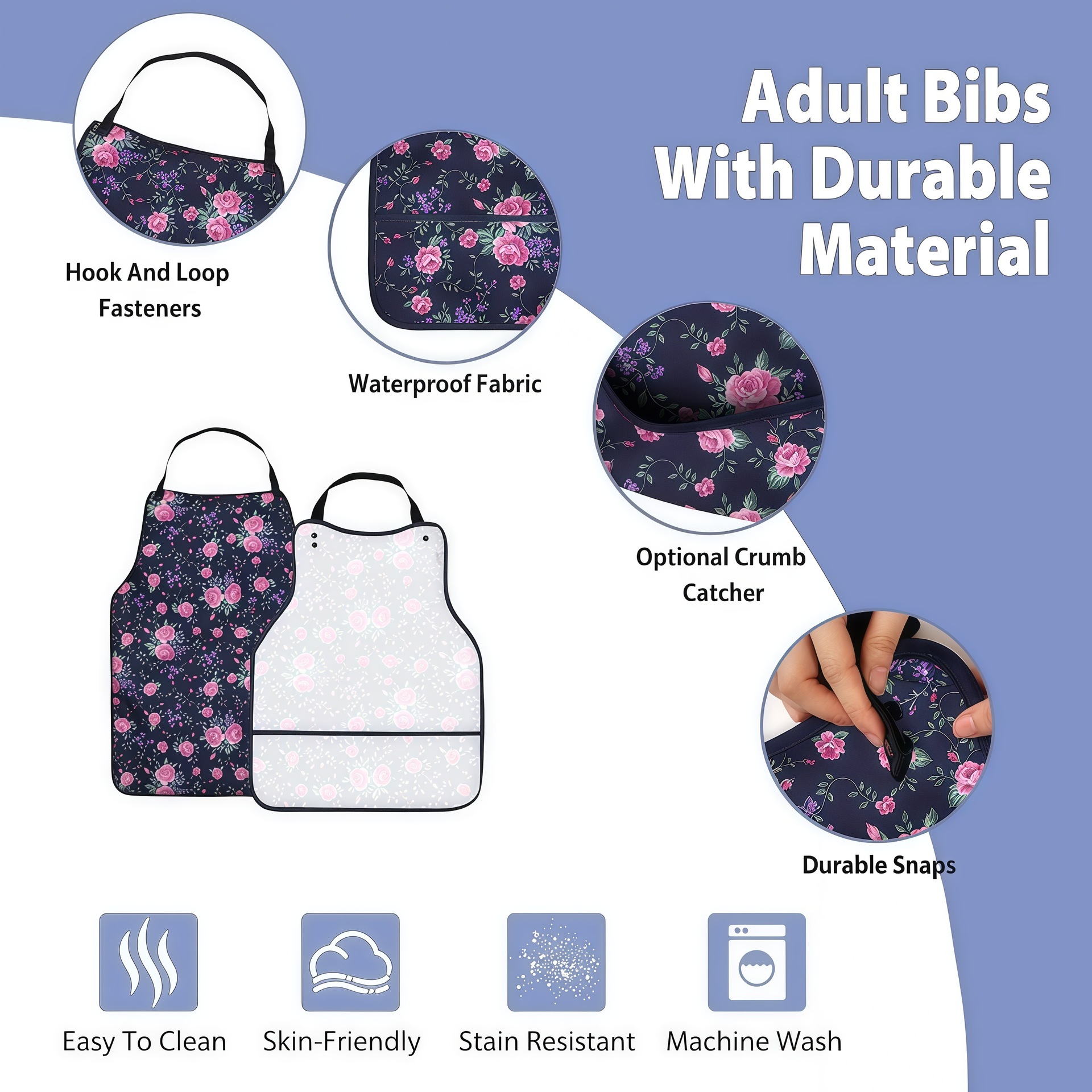 Snap-Button Floral Adult Bib with Pocket (9 Colorways) - Image 4