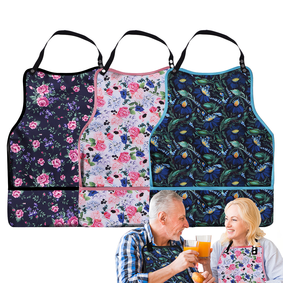 Snap-Button Floral Adult Bib with Pocket (9 Colorways) - Image 2